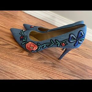 Custom Denim Floral Embroidery Heels
